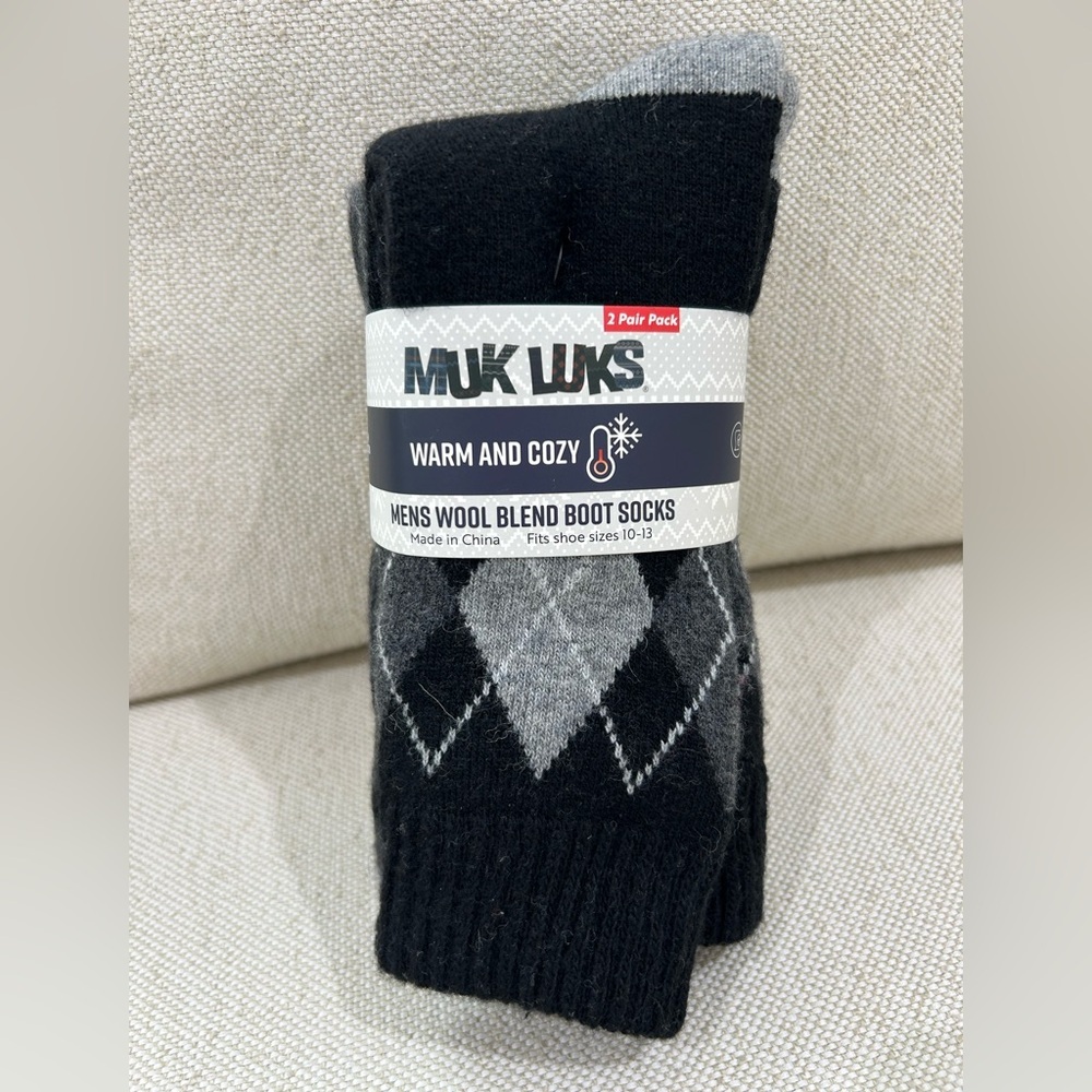 Muk Luks Warm Cozy Mens Wool Blend Boot Argyle Socks 2-Pack Shoe Size 10-13 NEW